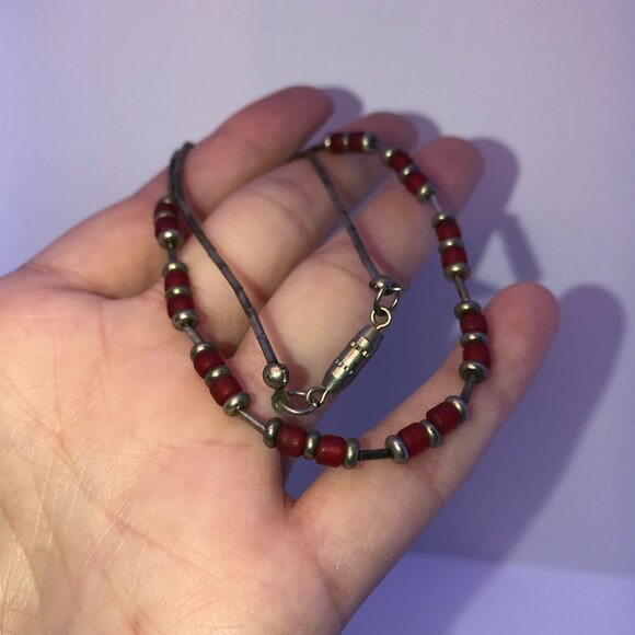 15 1/4" Frosted Orange Red and Silver Beaded Necklace - Picture 5 of 9